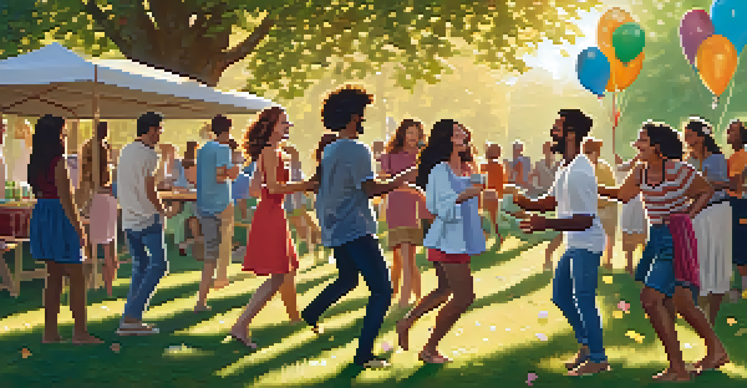 Friends dancing joyfully in a park during sunset, surrounded by greenery and colorful balloons, creating a festive atmosphere.