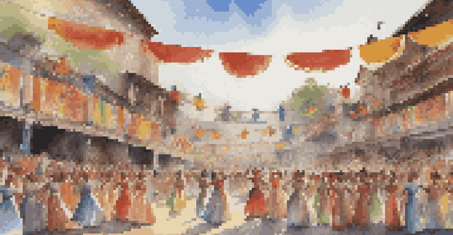 A vibrant urban festival showcasing traditional dance performances on a stage, with colorful decorations and a diverse audience enjoying the event.