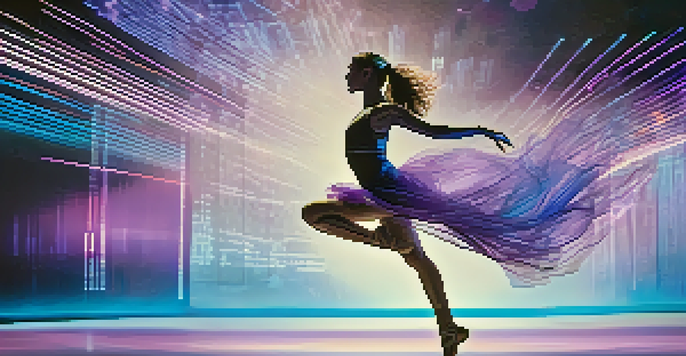 A contemporary dancer in mid-leap on a stage, surrounded by blue and purple lights, with digital screens showing abstract data visuals.