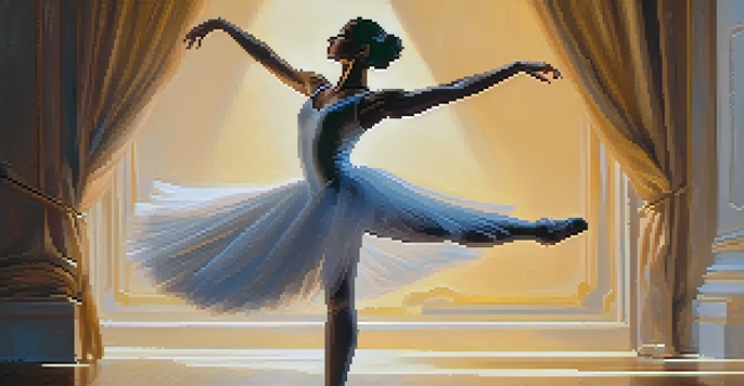 A dancer in mid-pirouette on stage, with warm sunlight illuminating their form and creating soft shadows.