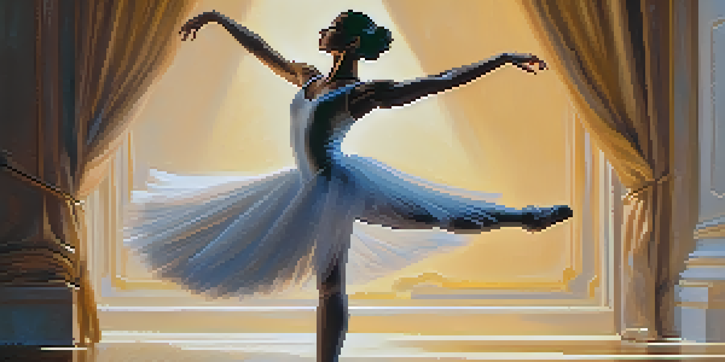 A dancer in mid-pirouette on stage, with warm sunlight illuminating their form and creating soft shadows.