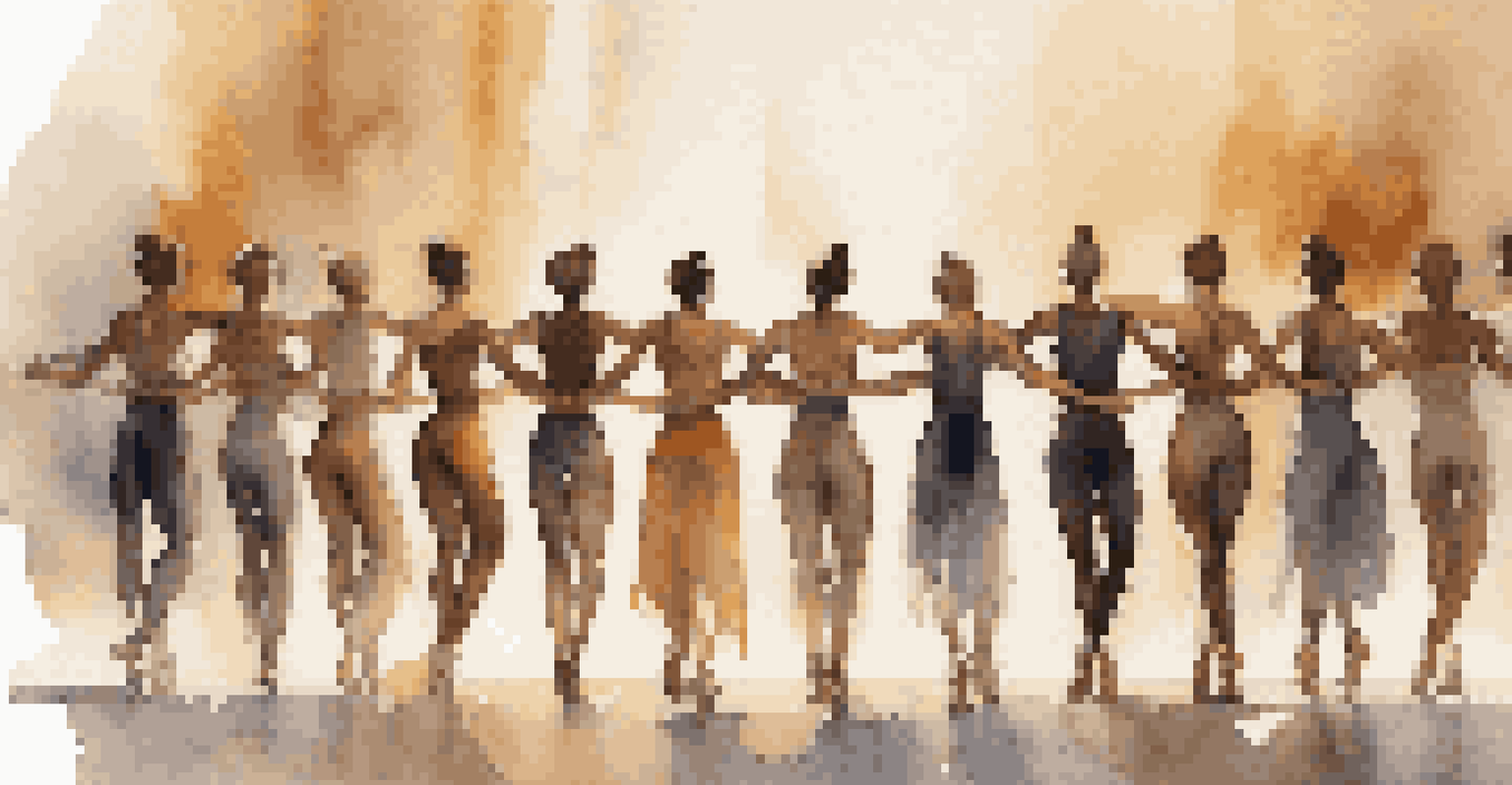 A group of dancers on stage in a circle, showcasing unity and connection with expressive faces and warm lighting.