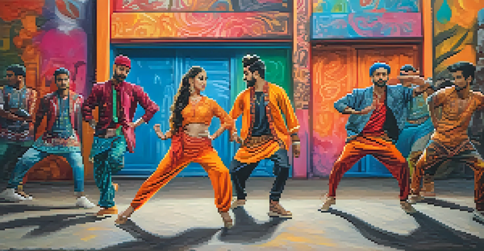 A group of dancers performing a fusion of Bollywood and hip-hop styles in a colorful urban setting, showcasing dynamic movements and intricate footwork.