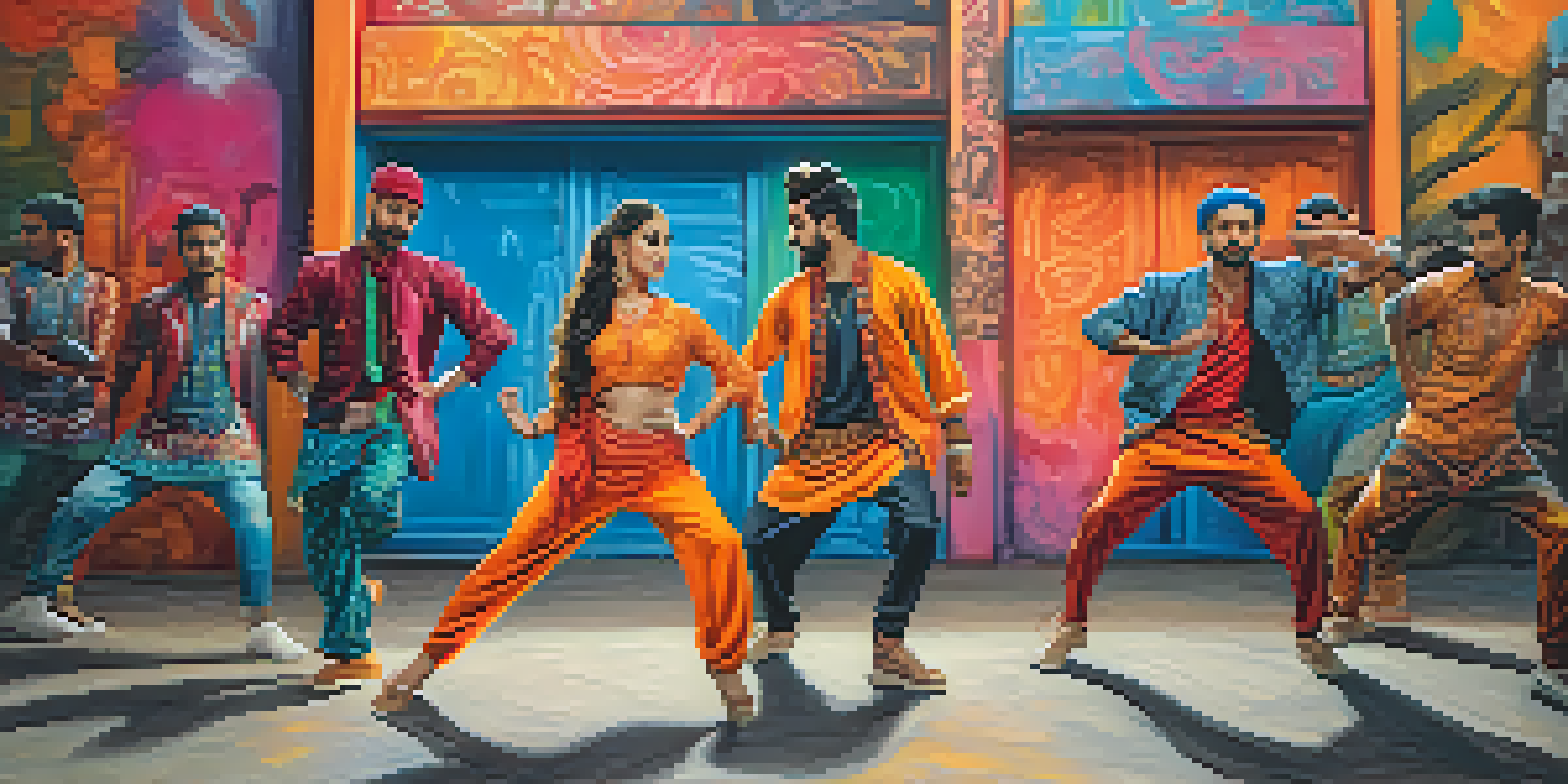 A group of dancers performing a fusion of Bollywood and hip-hop styles in a colorful urban setting, showcasing dynamic movements and intricate footwork.