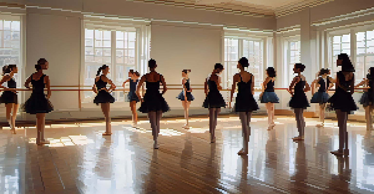 A group of female dancers rehearsing in a spacious room with mirrors and natural light, focusing on collaboration and empowerment.