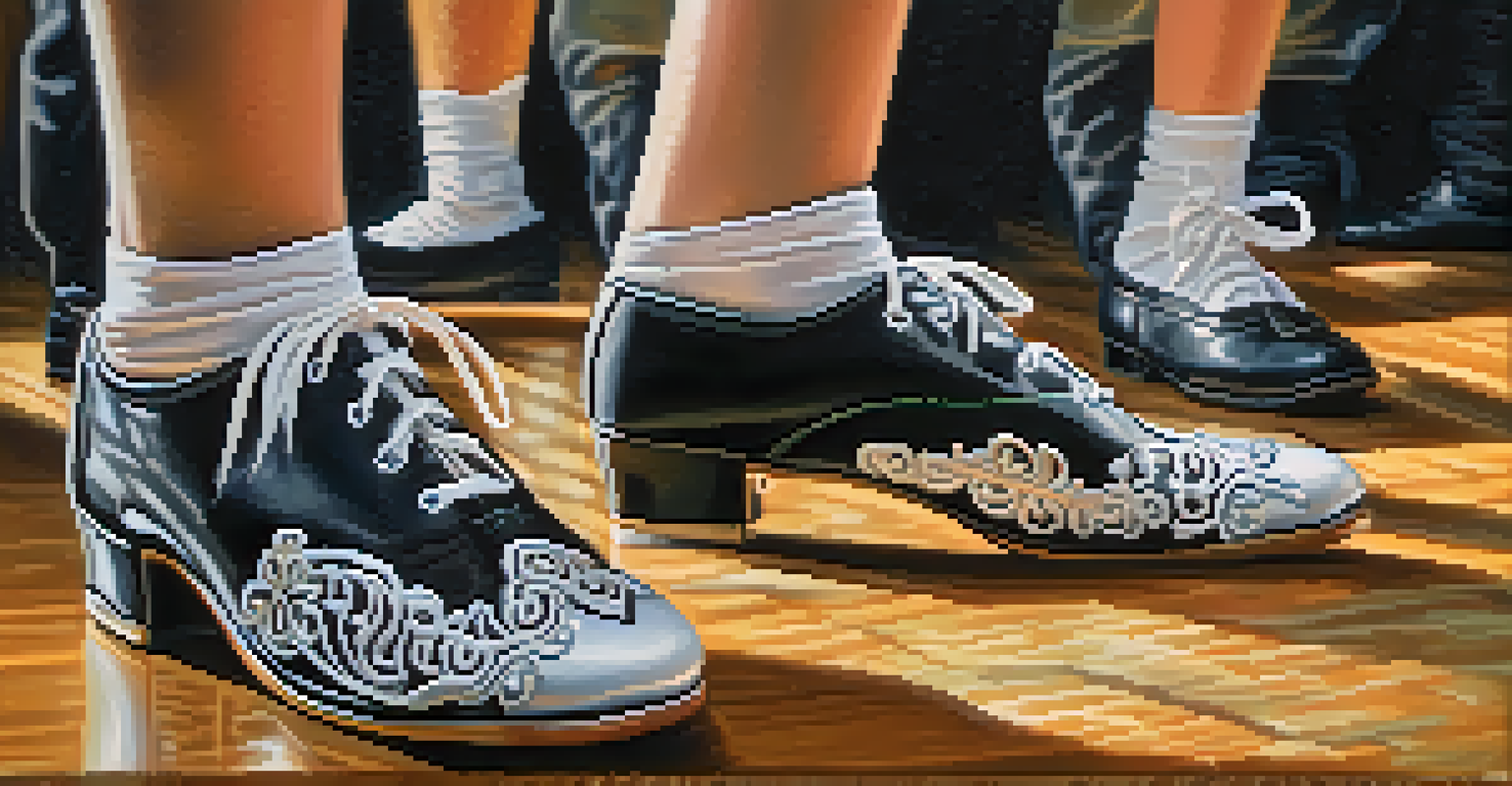 Close-up of traditional Irish dance shoes with intricate designs and craftsmanship, placed on a blurred dance floor background.