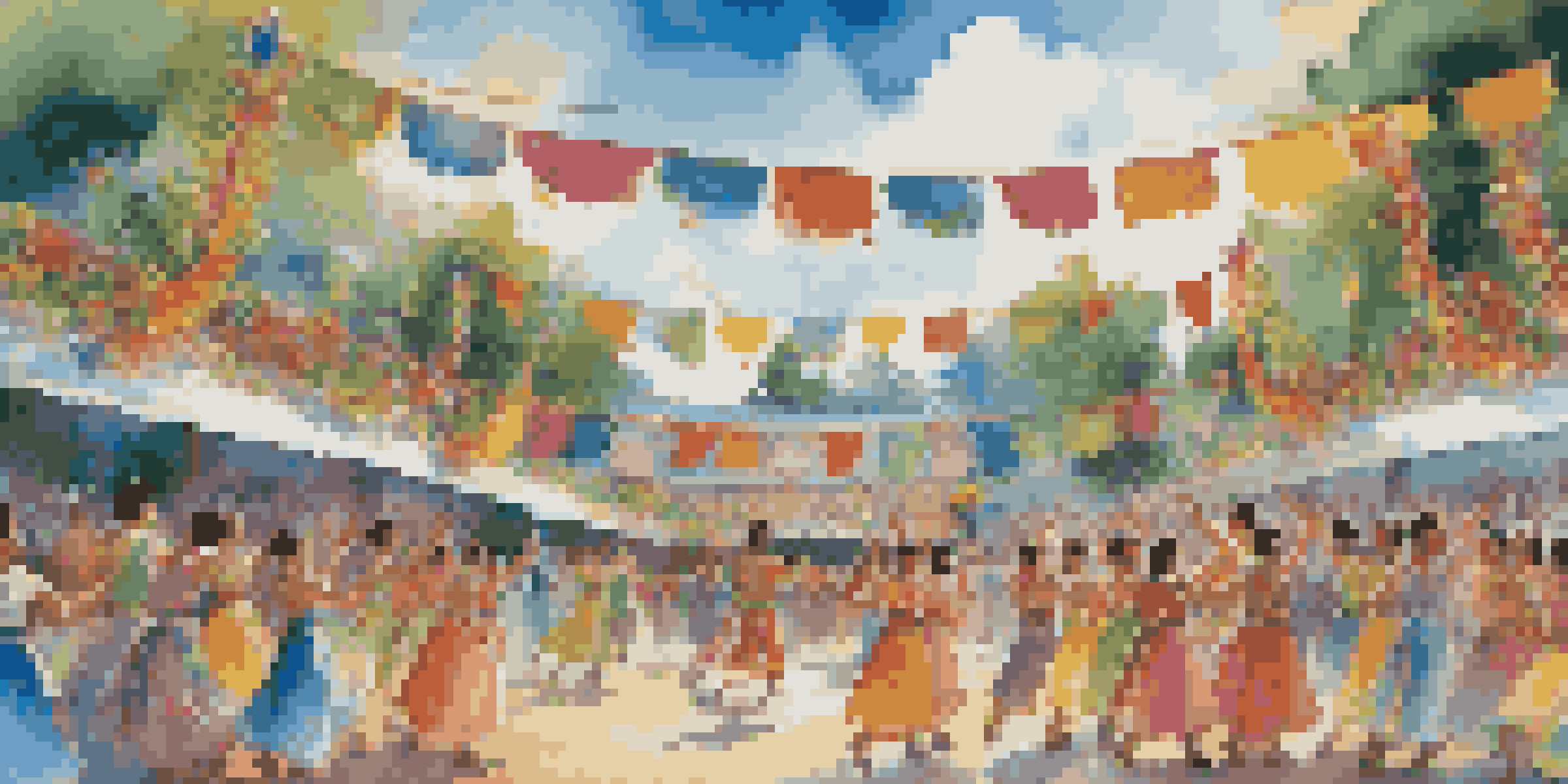 A lively outdoor dance festival with dancers in colorful traditional costumes performing on stage, surrounded by greenery and a cheering audience.