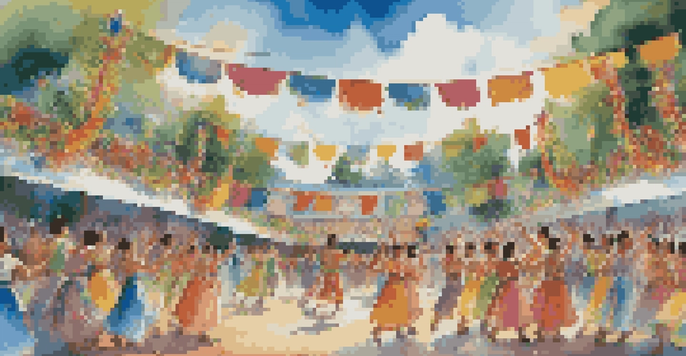 A lively outdoor dance festival with dancers in colorful traditional costumes performing on stage, surrounded by greenery and a cheering audience.