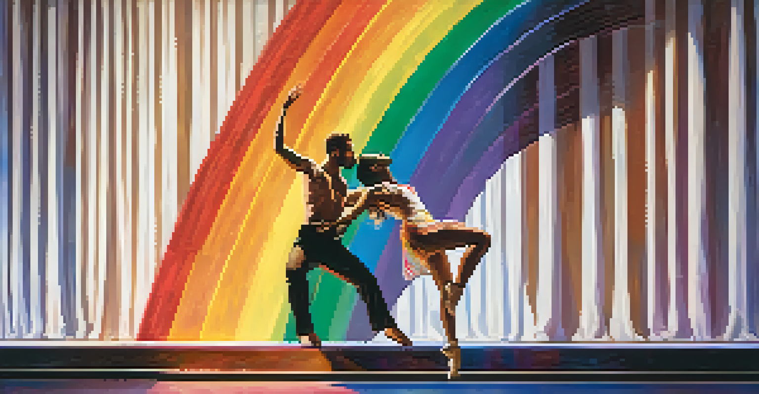 Two dancers performing a duet on stage, illuminated by colorful lights with a rainbow flag backdrop, expressing passion and connection.