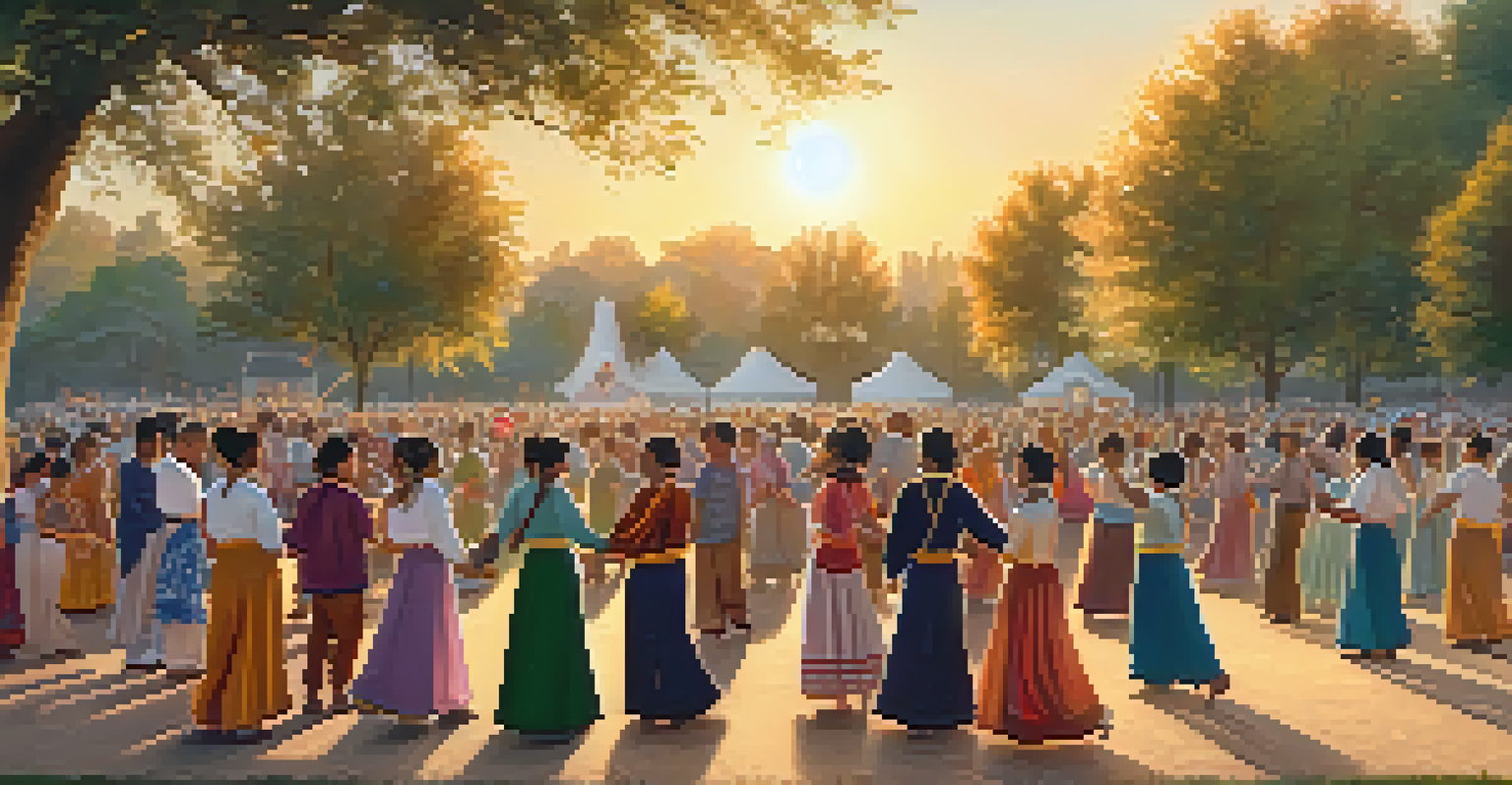 A community dance event in a park at sunset, showcasing traditional folk dancers in vibrant costumes.