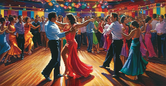 A lively salsa dance club with couples dancing energetically under colorful lights.