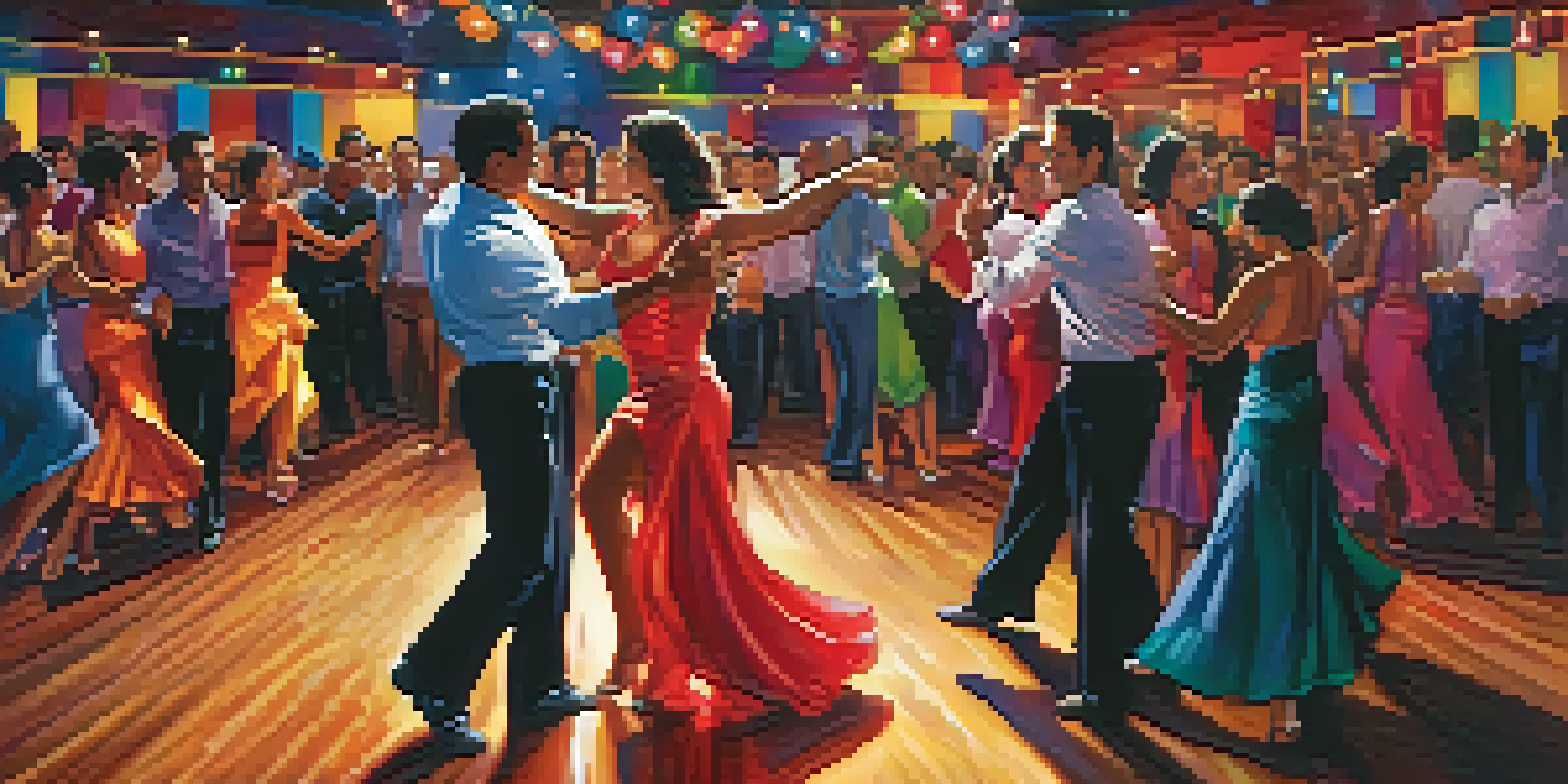 A lively salsa dance club with couples dancing energetically under colorful lights.
