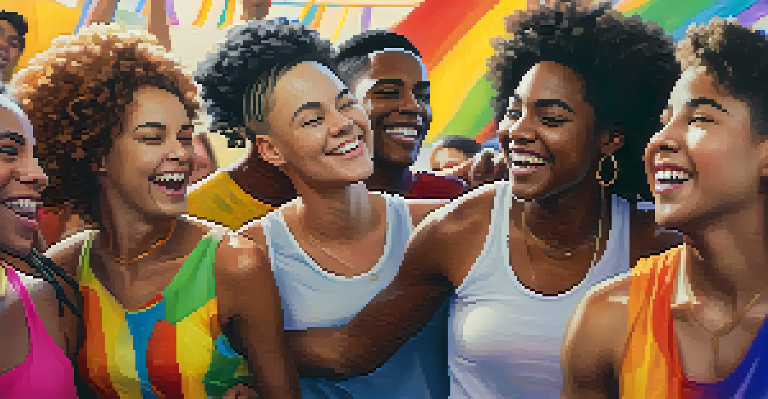 A close-up view of LGBTQ+ youth in a supportive dance circle, smiling and showing joy in their expressions as they take turns dancing.