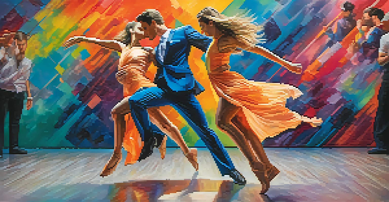 Two dancers performing a synchronized dance routine against a colorful abstract mural, emphasizing their fluid movements.