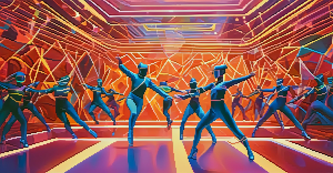 A virtual reality dance performance featuring dancers in futuristic costumes surrounded by colorful geometric shapes and lights.