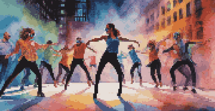 A contemporary dance performance featuring dancers in an urban setting, wearing augmented reality glasses, surrounded by colorful digital visuals.