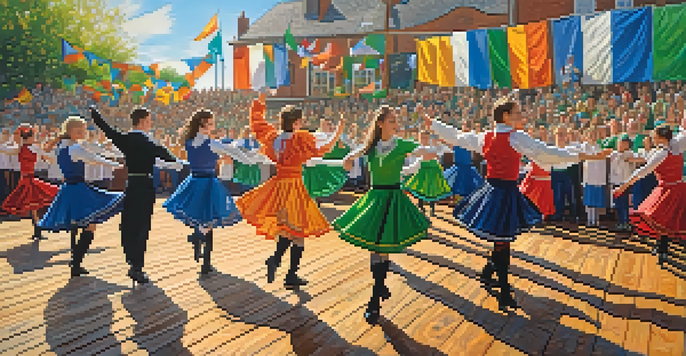 A lively traditional Irish dance festival with dancers in colorful costumes on a stage, surrounded by an audience and traditional musical instruments under a bright sky.