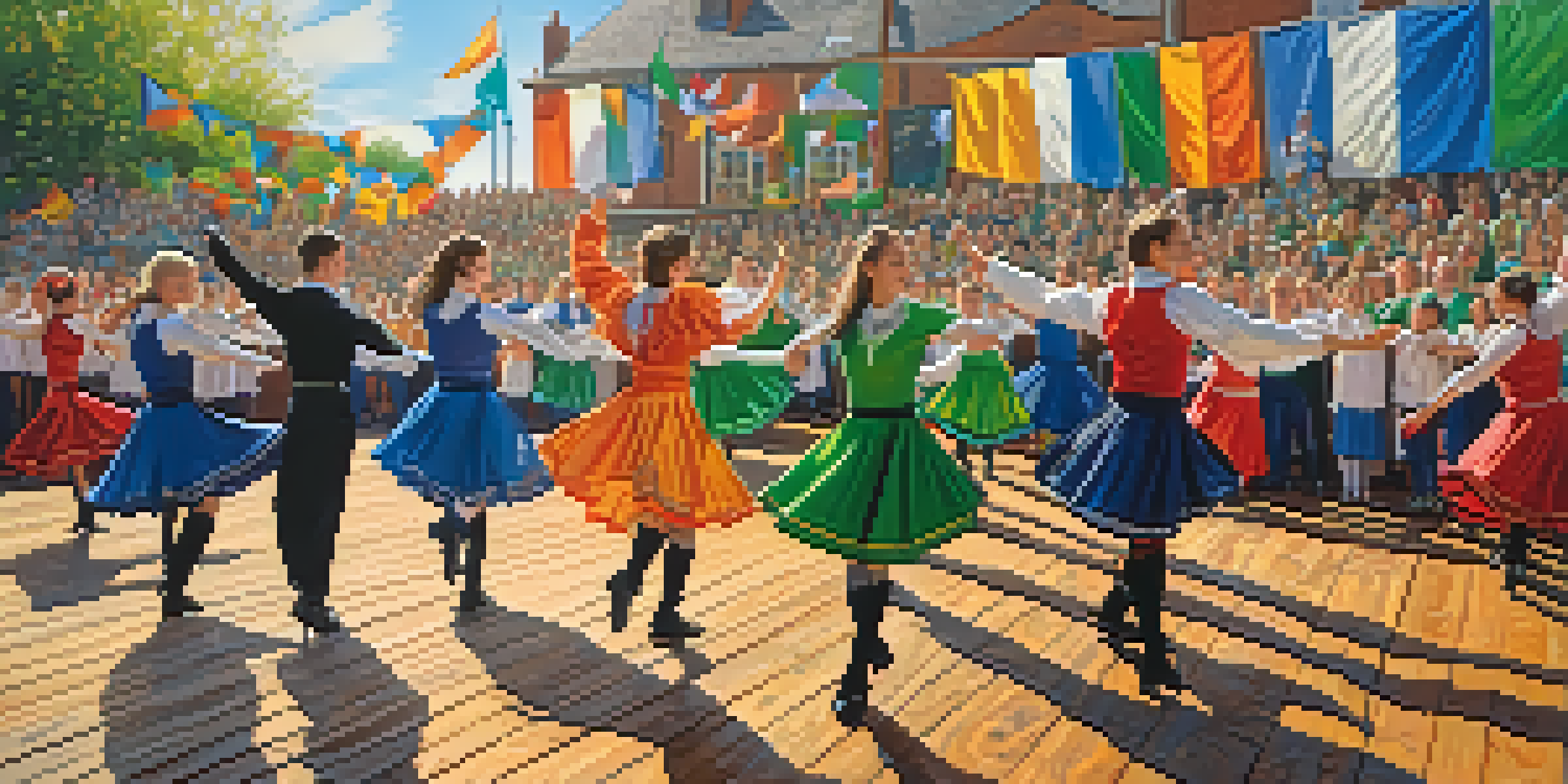 A lively traditional Irish dance festival with dancers in colorful costumes on a stage, surrounded by an audience and traditional musical instruments under a bright sky.