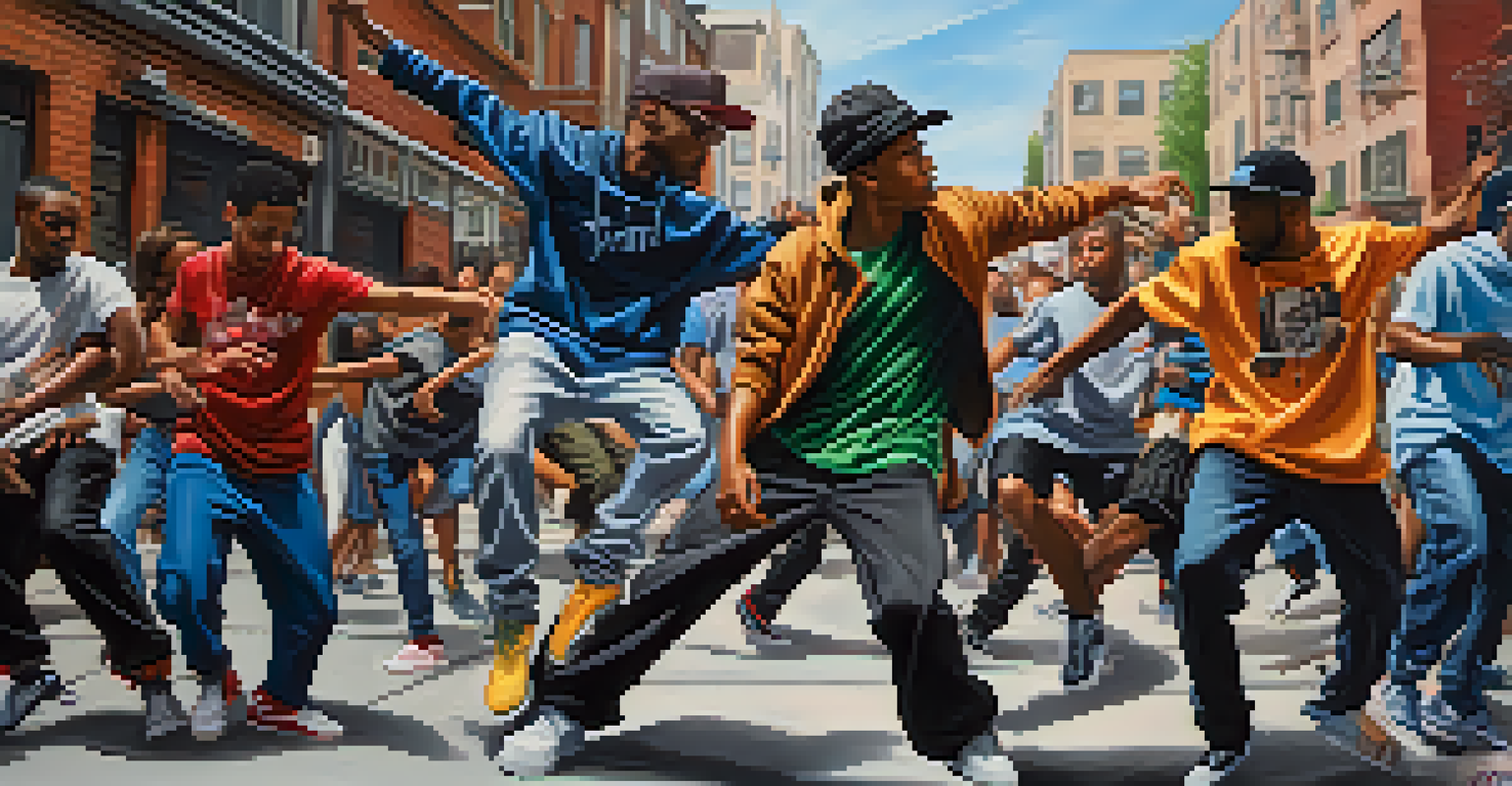 A hip hop dance battle on an urban street with dancers showcasing their skills against a backdrop of vibrant graffiti.