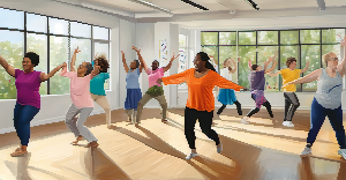 A diverse group of individuals with disabilities participating in a dance therapy session, showcasing expressive movement in a bright studio.