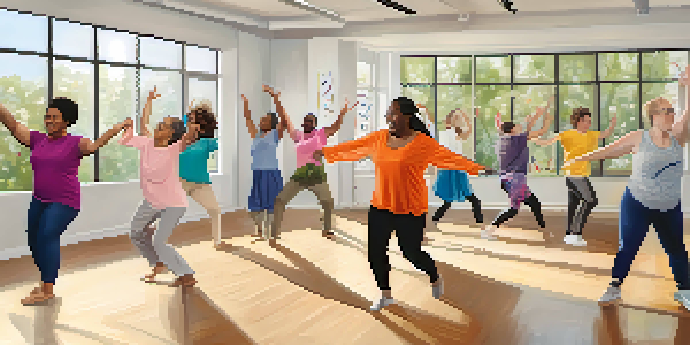 A diverse group of individuals with disabilities participating in a dance therapy session, showcasing expressive movement in a bright studio.