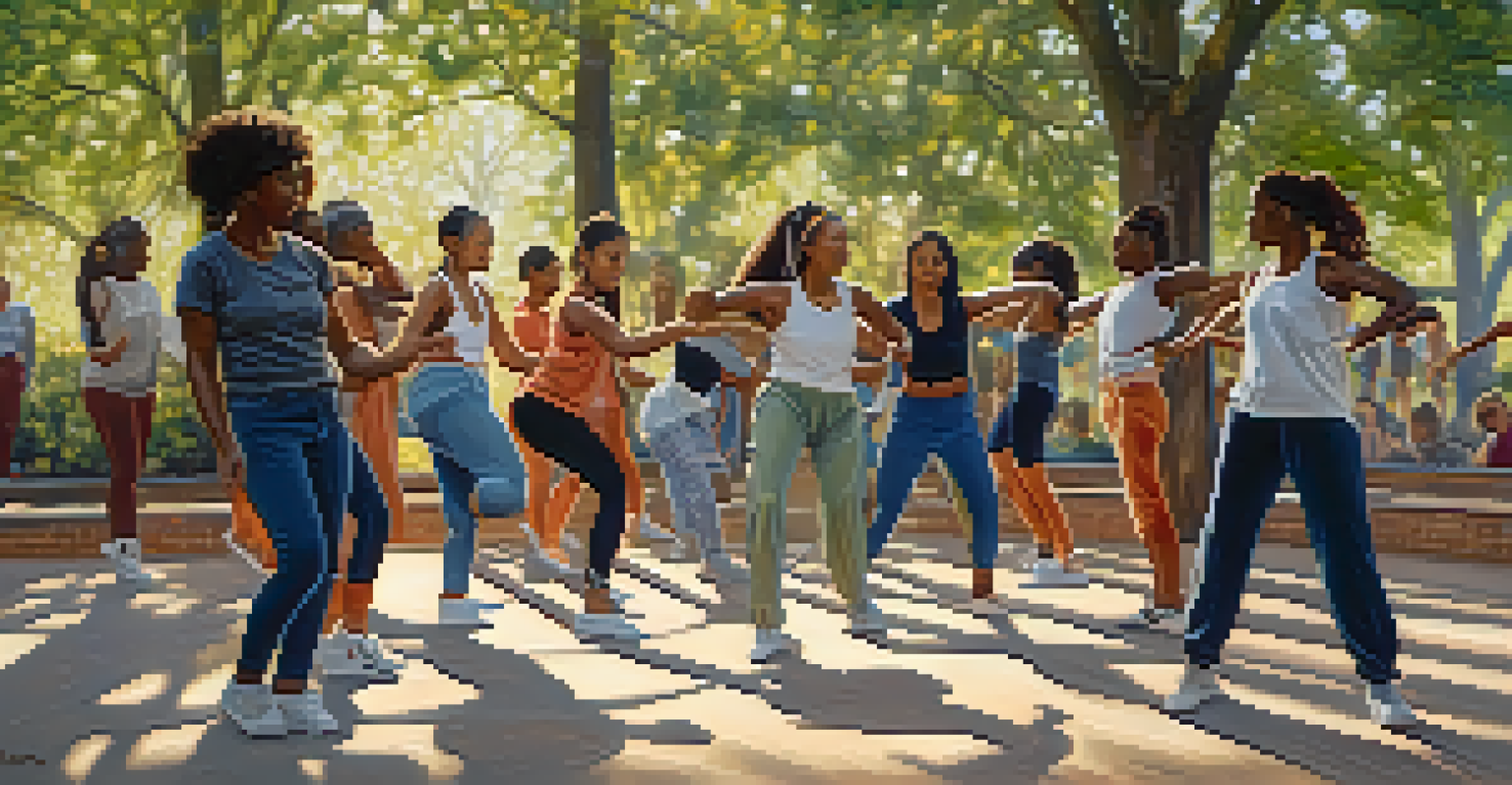 A peaceful outdoor dance workshop with diverse dancers learning a fusion of hip-hop and traditional dance under a sunny sky.