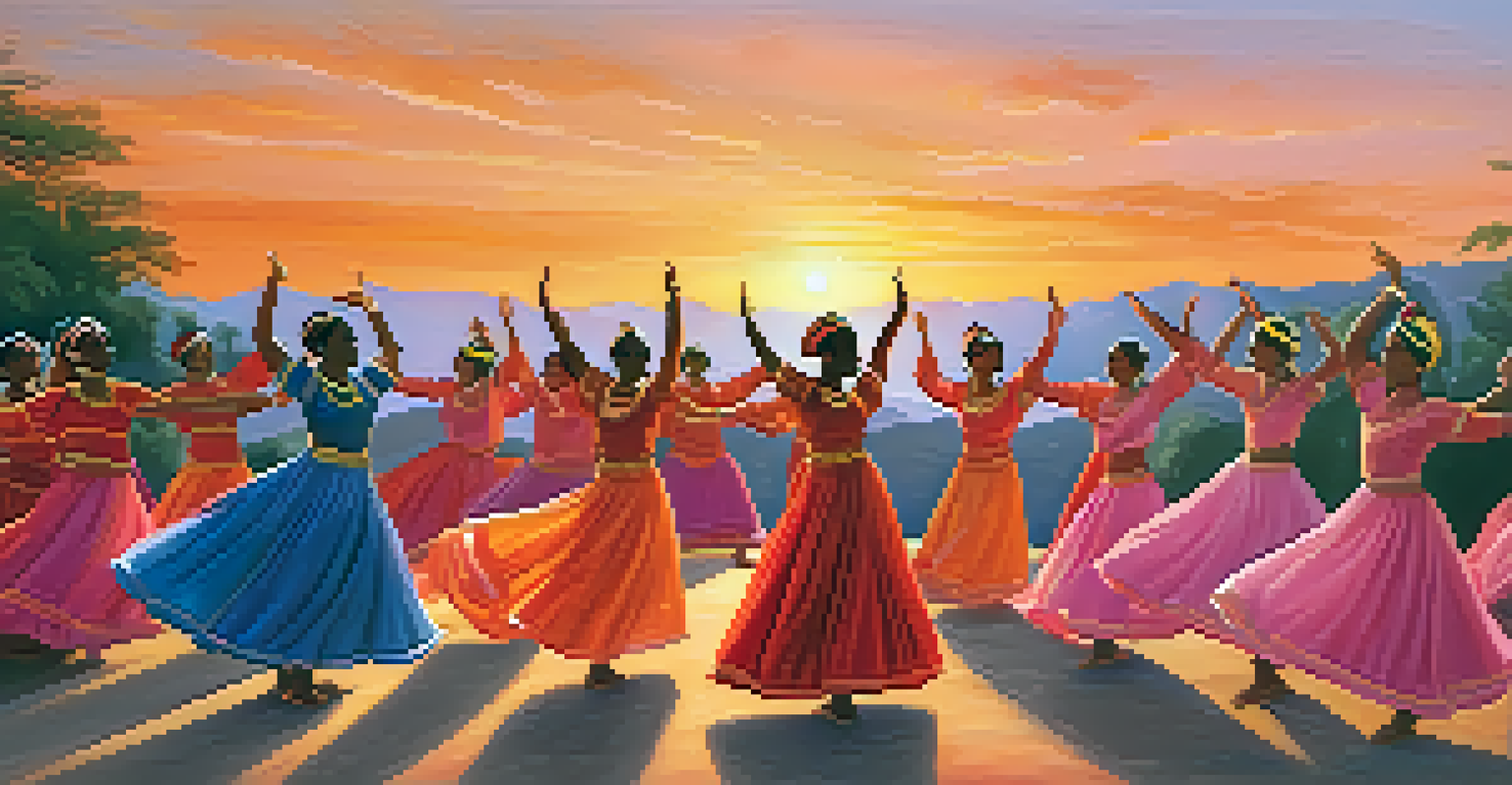 Dancers performing a traditional dance outdoors at sunset, in colorful costumes.