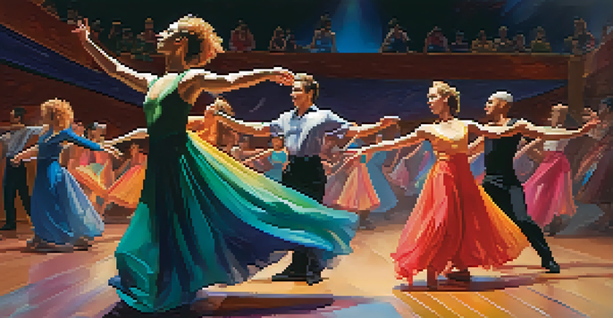 A diverse group of dancers performing on stage, showcasing fluid movements and wearing colorful costumes, with an engaged audience in the background.