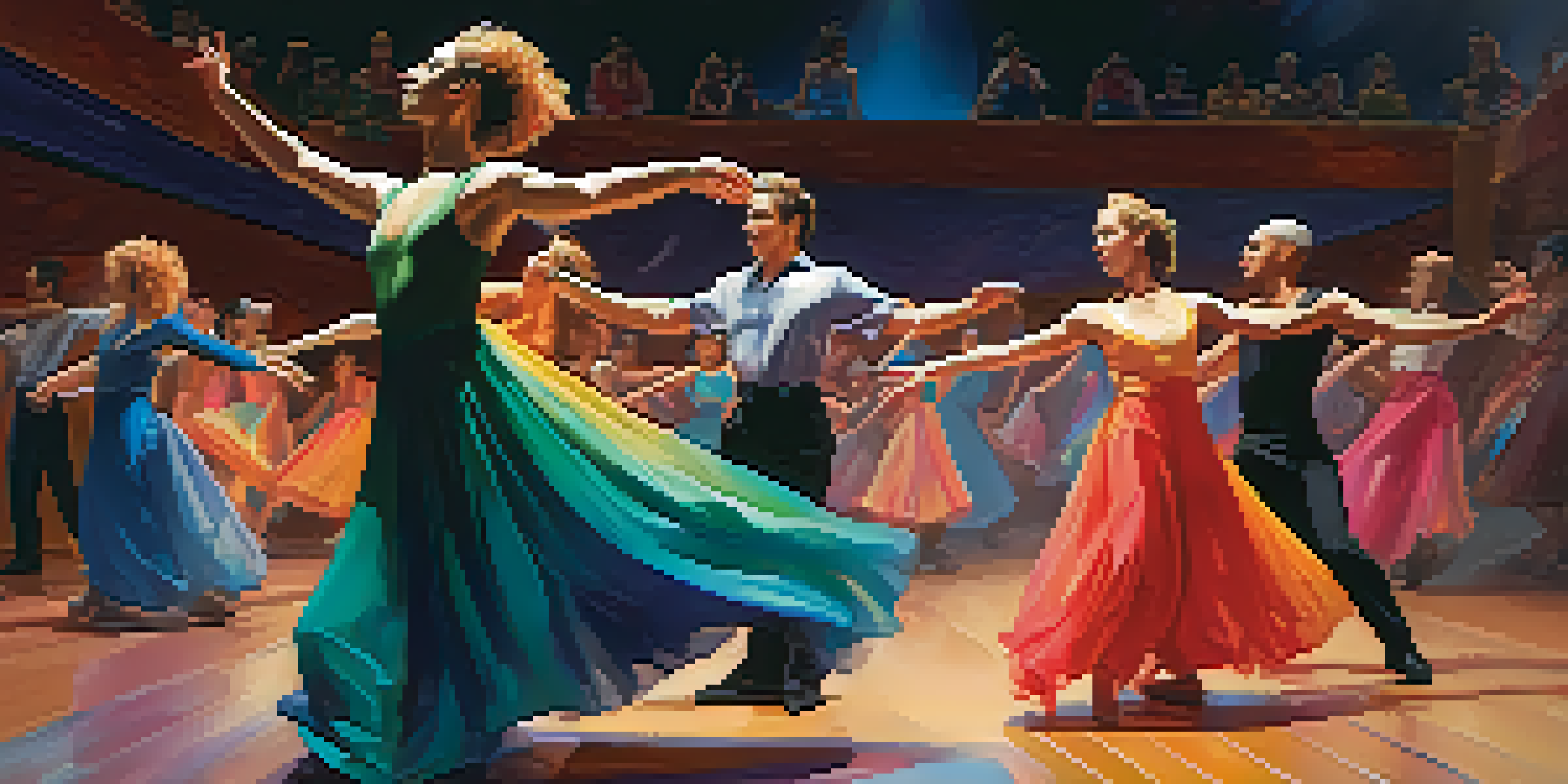 A diverse group of dancers performing on stage, showcasing fluid movements and wearing colorful costumes, with an engaged audience in the background.