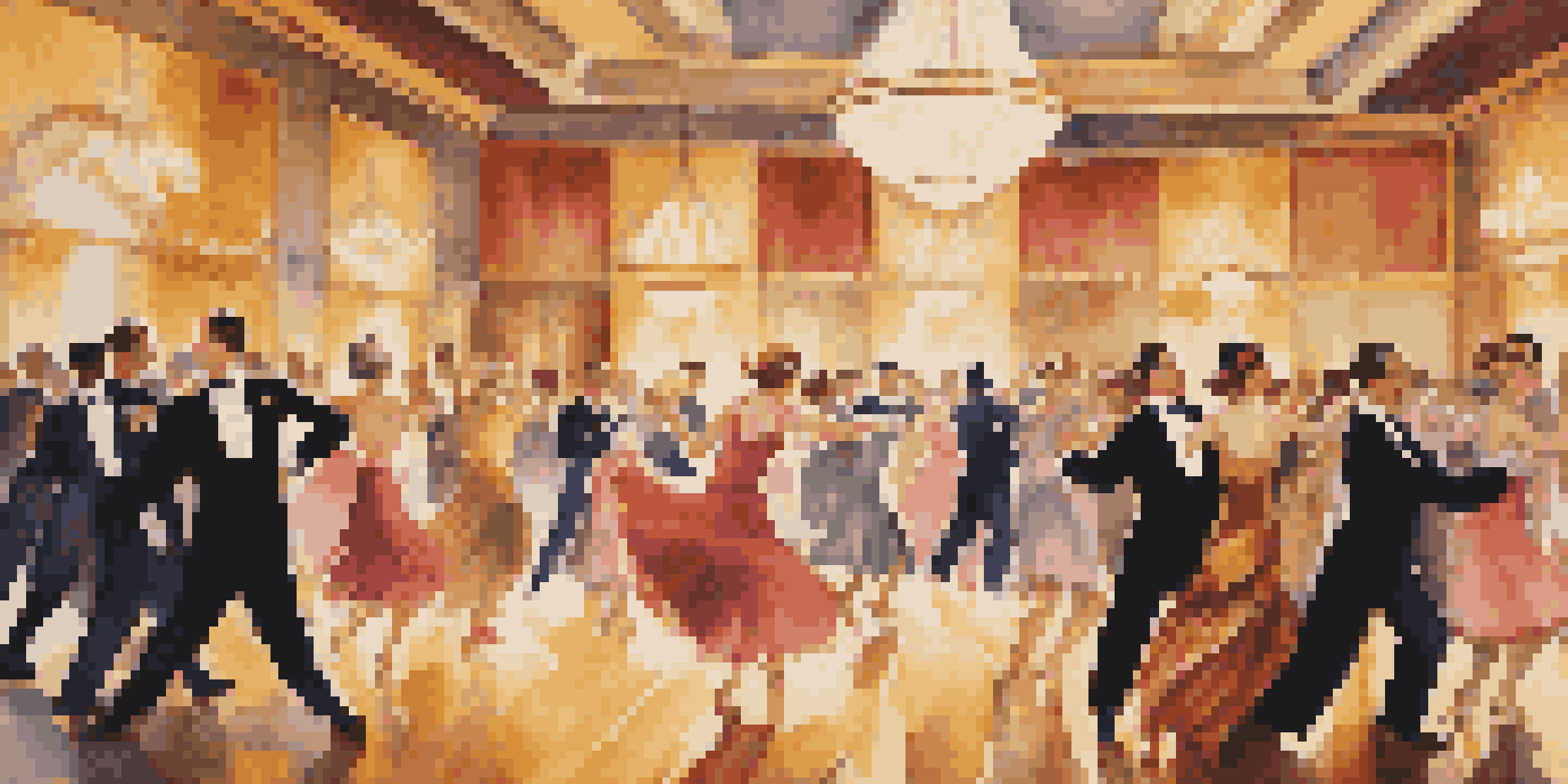 A lively ballroom filled with elegantly dressed dancers performing the Charleston, with Art Deco decorations and soft golden lighting.