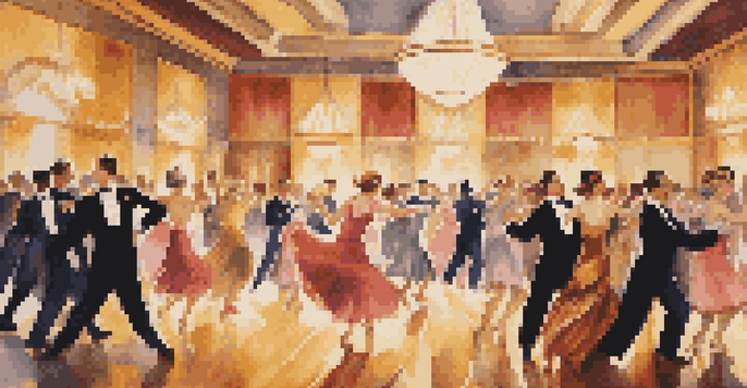 A lively ballroom filled with elegantly dressed dancers performing the Charleston, with Art Deco decorations and soft golden lighting.