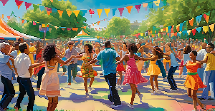 A lively park scene with people of different ages and backgrounds dancing together, surrounded by greenery and colorful decorations.