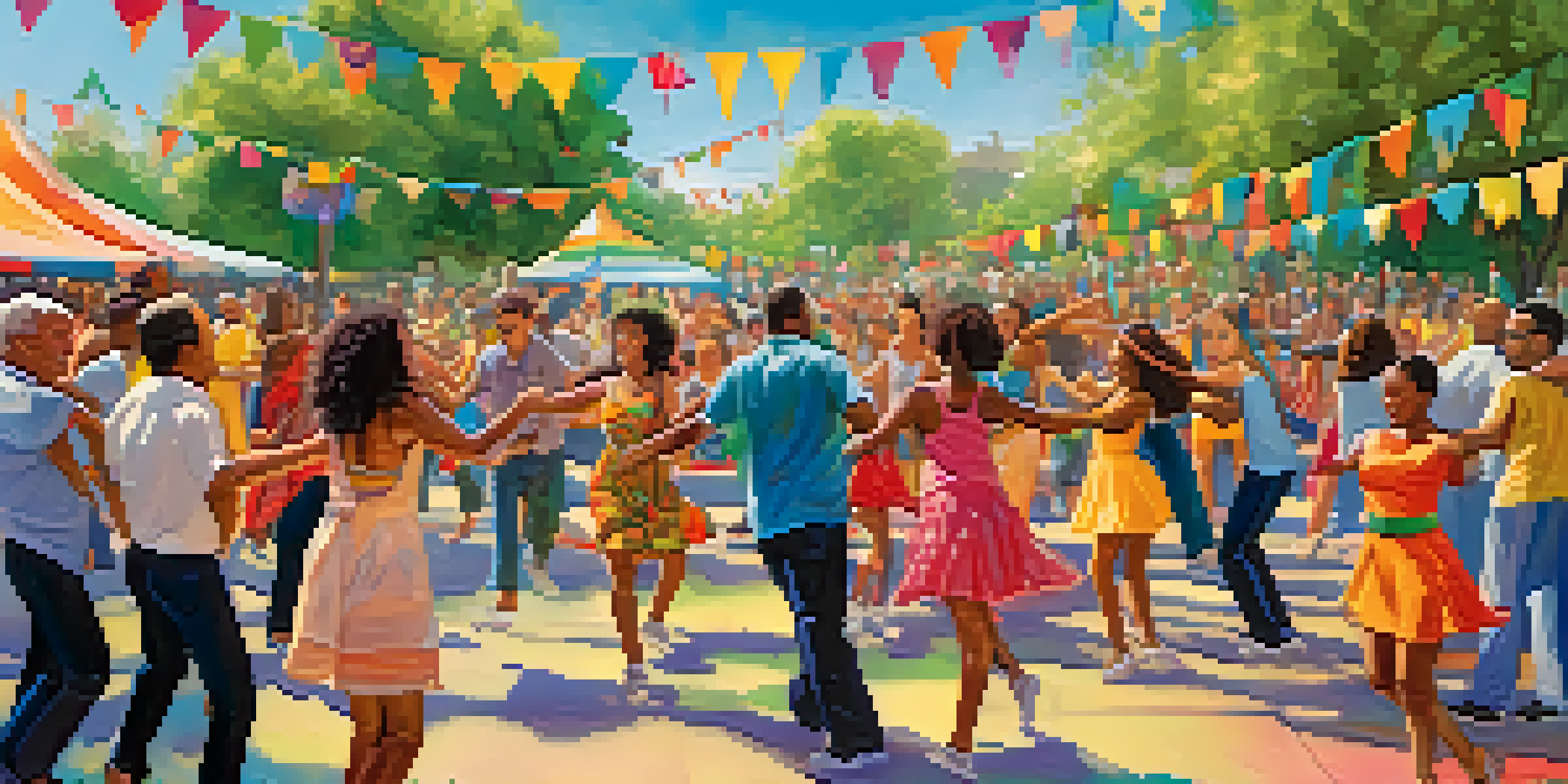 A lively park scene with people of different ages and backgrounds dancing together, surrounded by greenery and colorful decorations.