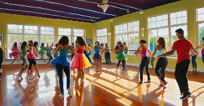 A dance studio with diverse individuals participating in a salsa class, featuring mirrors and natural light.