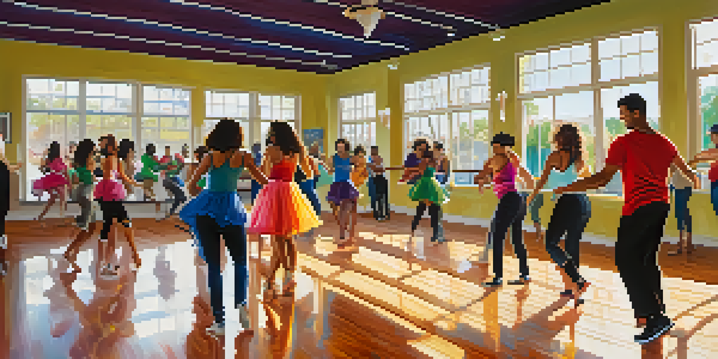 A dance studio with diverse individuals participating in a salsa class, featuring mirrors and natural light.
