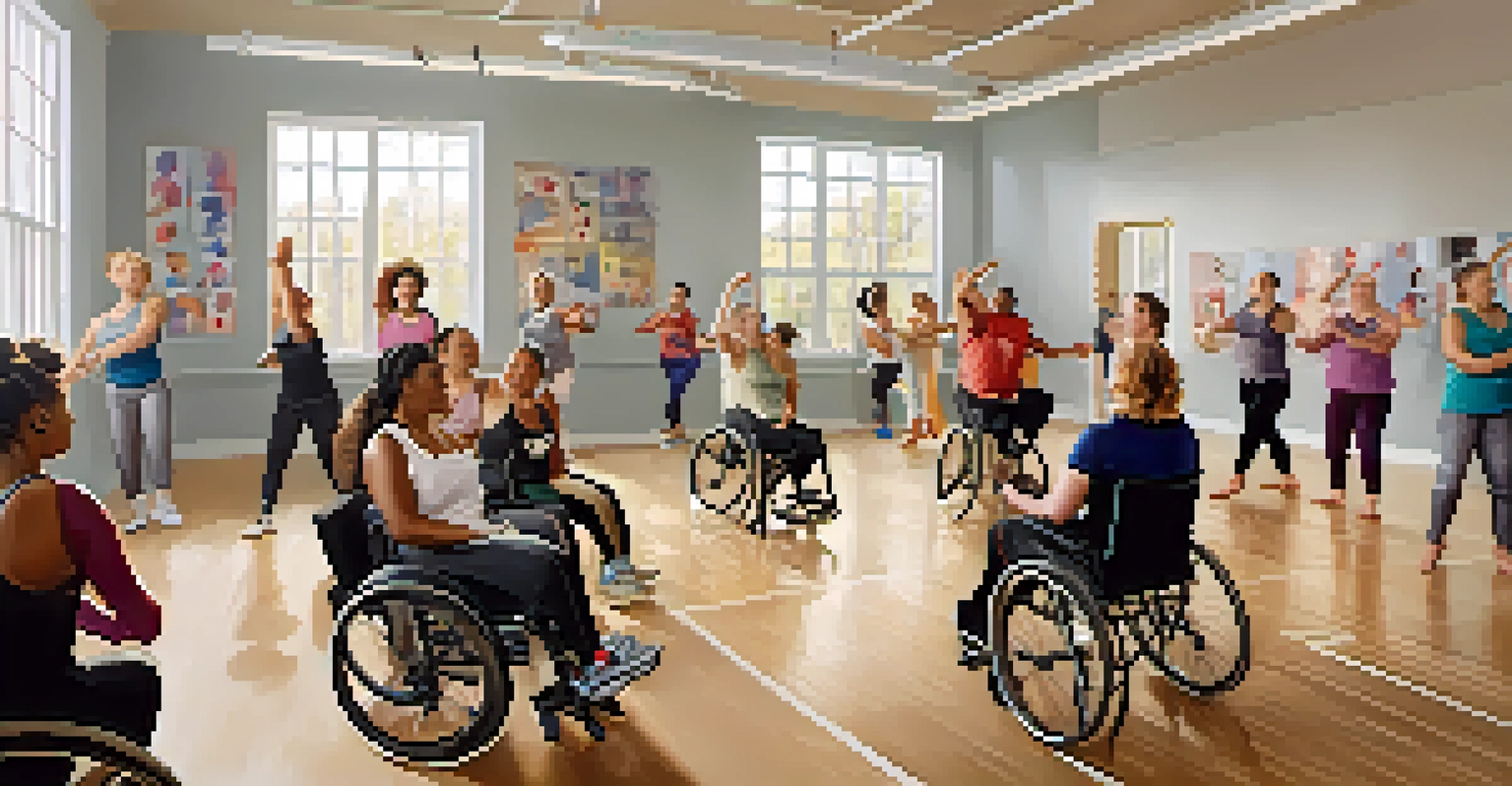 A diverse group of dancers in an inclusive dance class, showcasing various abilities and backgrounds, with a warm and welcoming studio environment.