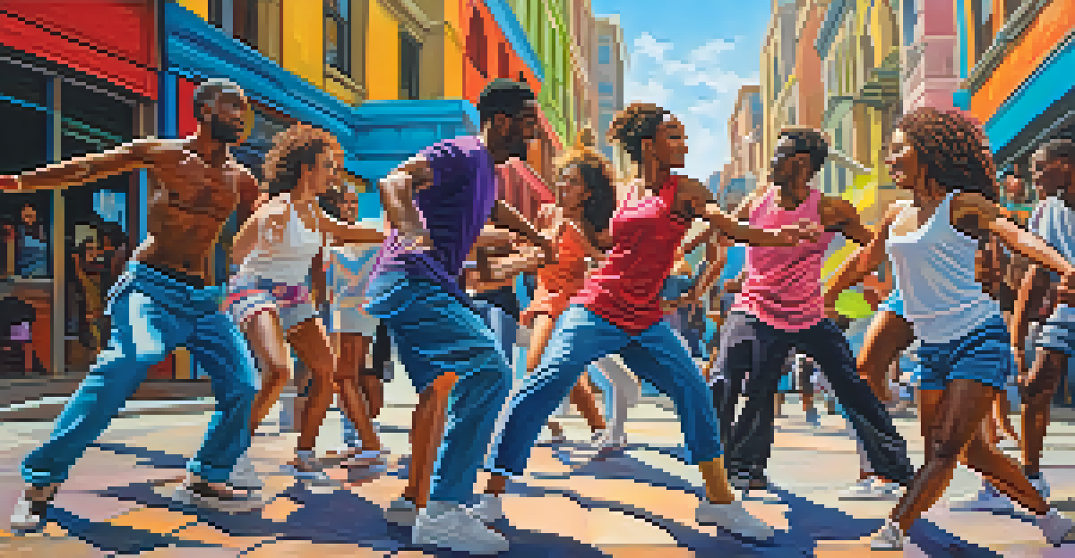 A diverse group of dancers performing improvisational dance in a vibrant urban environment with colorful street art in the background.
