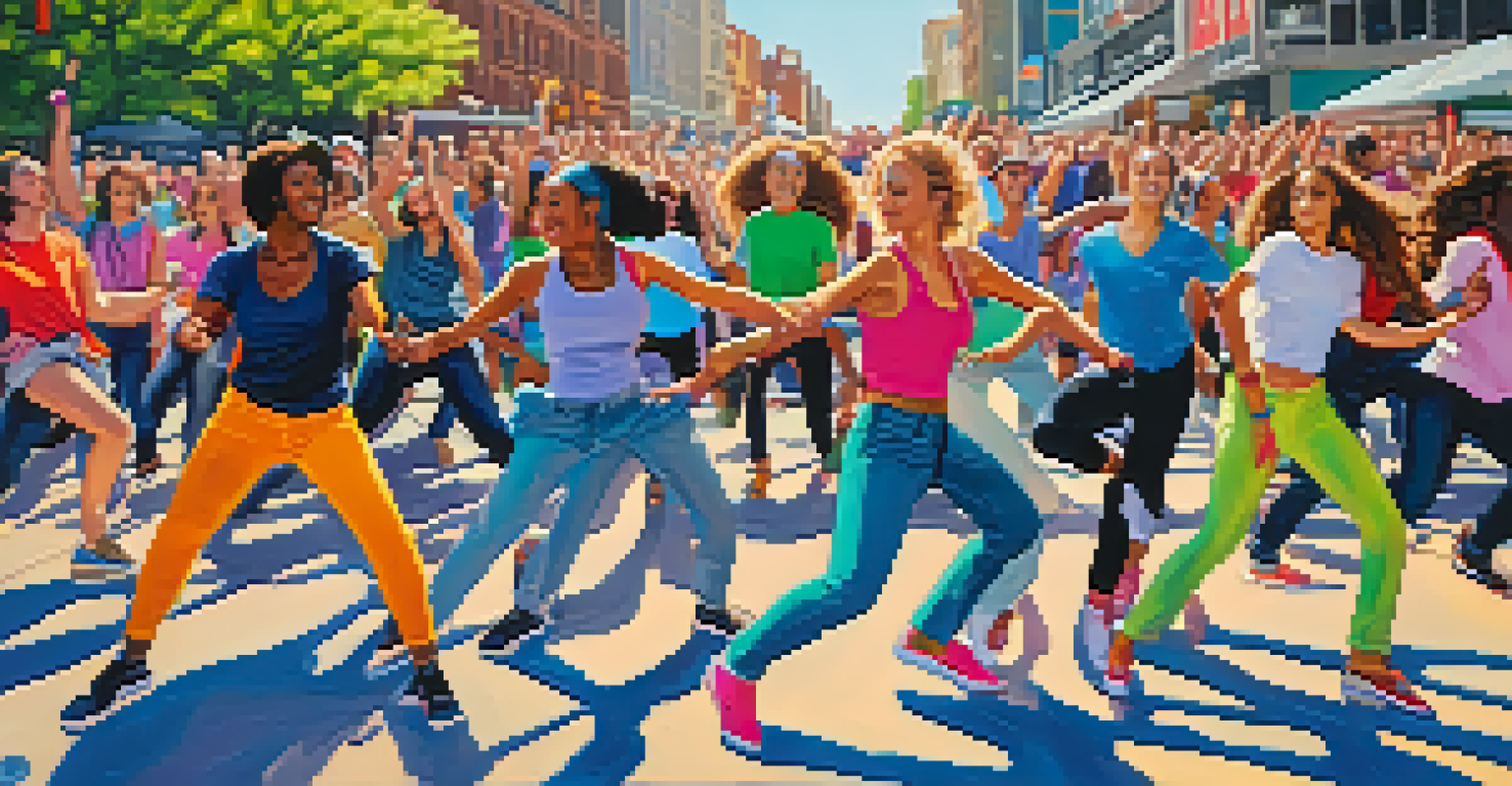 Diverse dancers performing a flash mob in an urban setting, advocating for gender equality, surrounded by engaged onlookers.