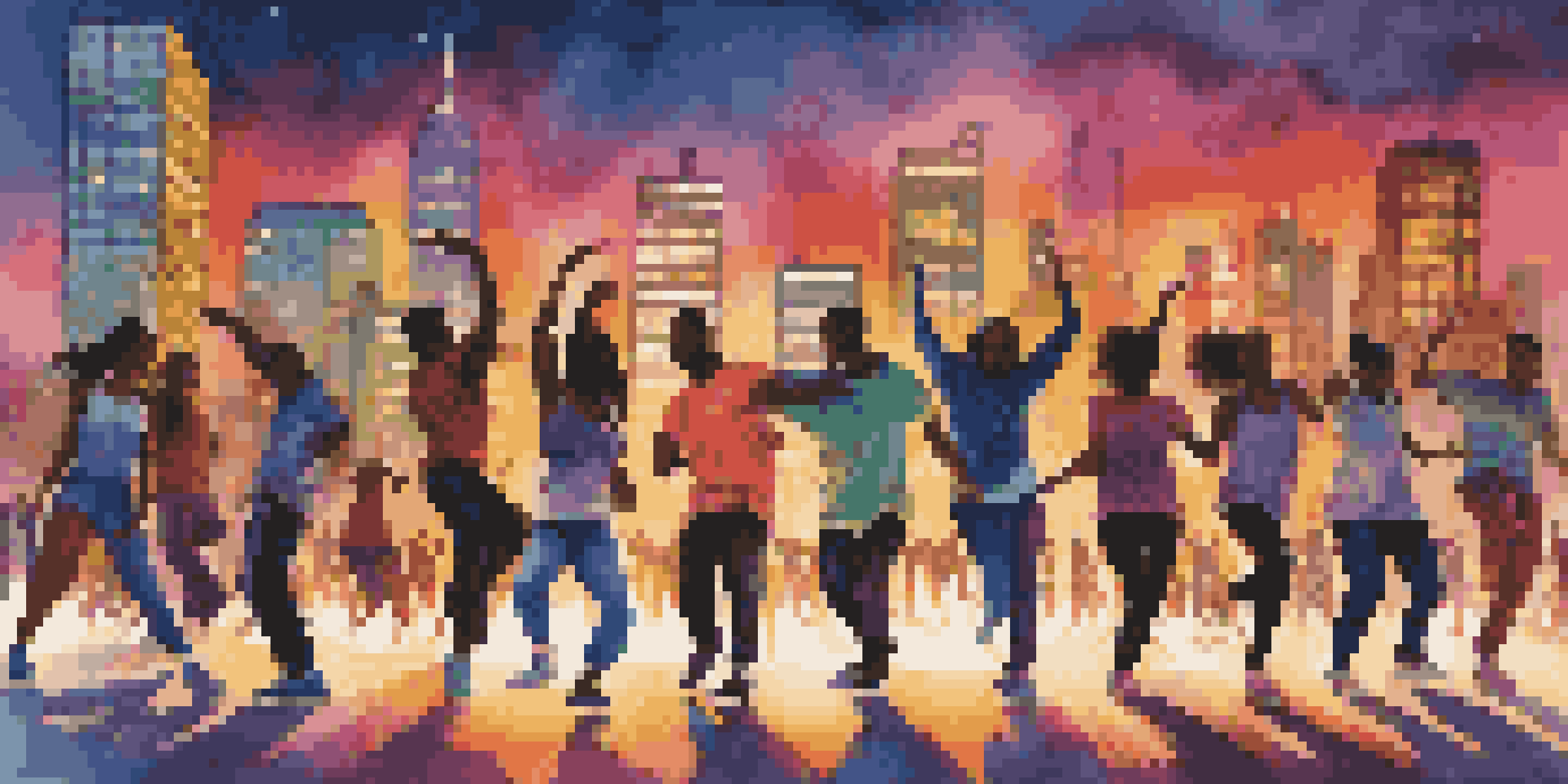 A group of diverse dancers performing in an urban setting at sunset, with colorful lights and a glowing skyline in the background.
