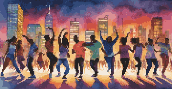 A group of diverse dancers performing in an urban setting at sunset, with colorful lights and a glowing skyline in the background.