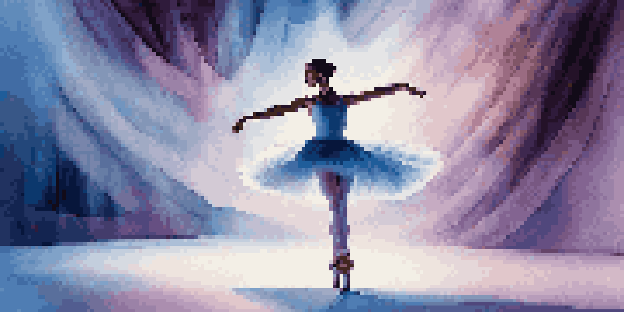 A graceful ballet dancer in a white tutu on a stage with vibrant digital projections that change colors, creating a captivating and immersive performance atmosphere.