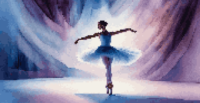 A graceful ballet dancer in a white tutu on a stage with vibrant digital projections that change colors, creating a captivating and immersive performance atmosphere.
