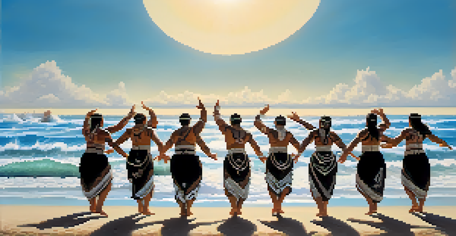 Dancers performing a Maori haka on the beach, showcasing strength and unity against a coastal backdrop.