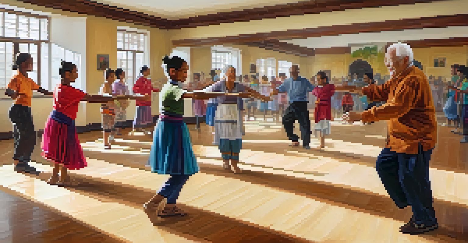 A young child and an elderly person smiling as they participate in an intergenerational dance class in a bright community center.