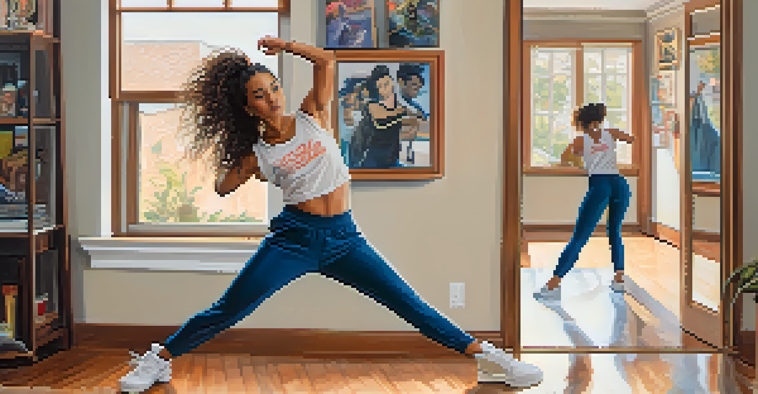 A young woman practicing hip-hop dance in a cozy living room, showing focus and energy in her movements.