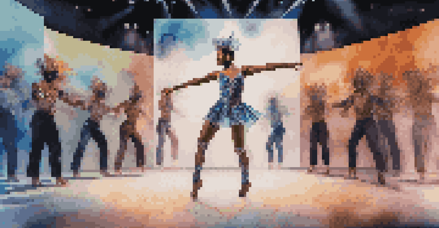 A dancer in a costume with augmented reality effects, performing on stage while the audience uses smartphones to engage with the digital elements.
