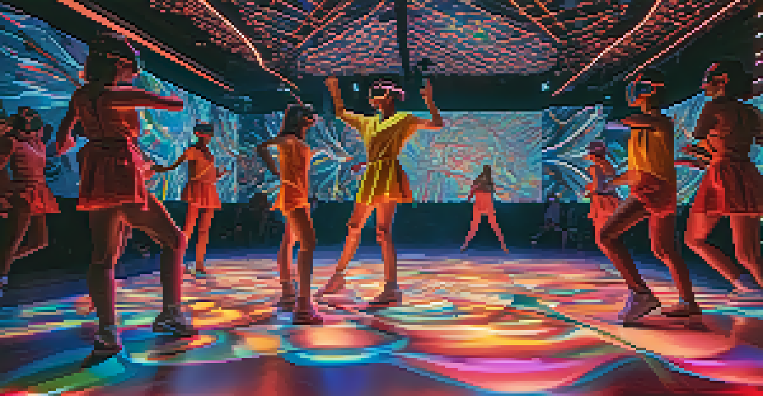 A futuristic dance performance with dancers surrounded by vibrant digital projections and an audience wearing VR headsets.