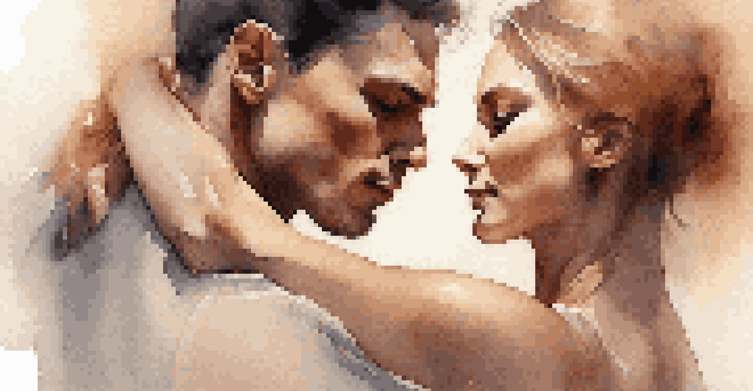 A close-up of two dancers in a passionate embrace during a romantic dance, with soft lighting emphasizing their expressions.