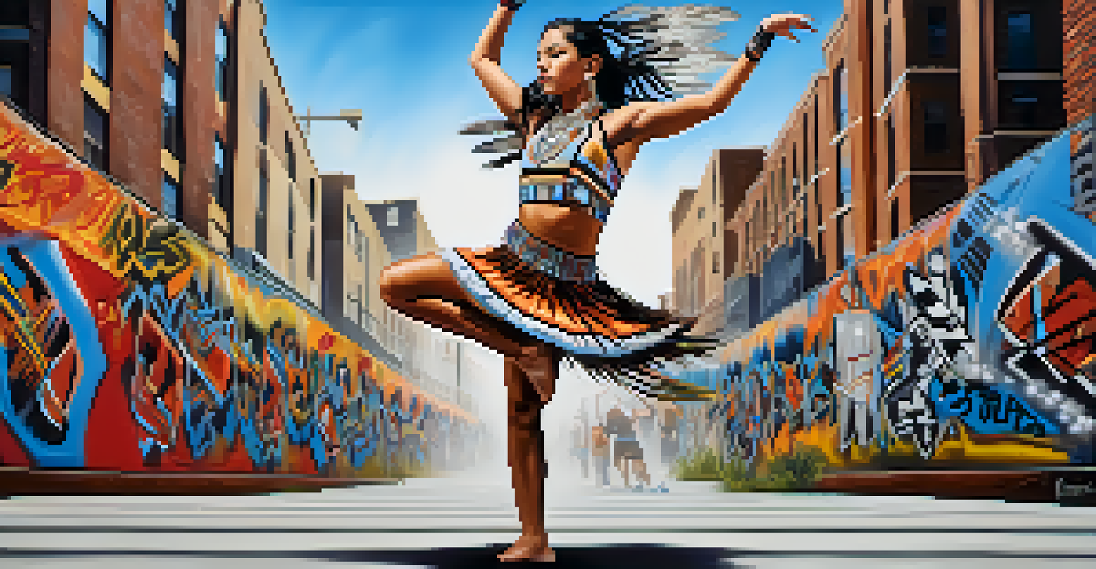 A young dancer performing a blend of hip-hop and traditional Native American dance, set against an urban backdrop of graffiti.