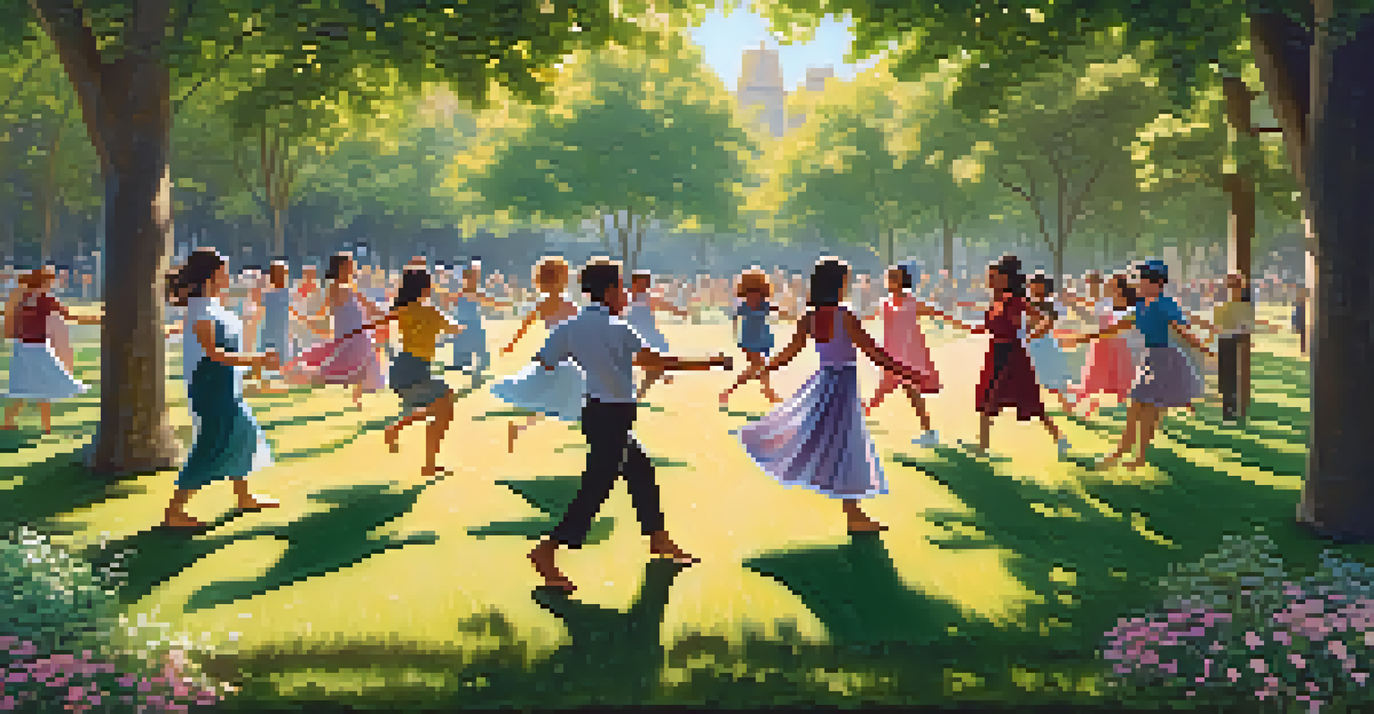 Participants enjoying an outdoor dance therapy workshop in a tranquil park, surrounded by nature and expressing themselves through movement.